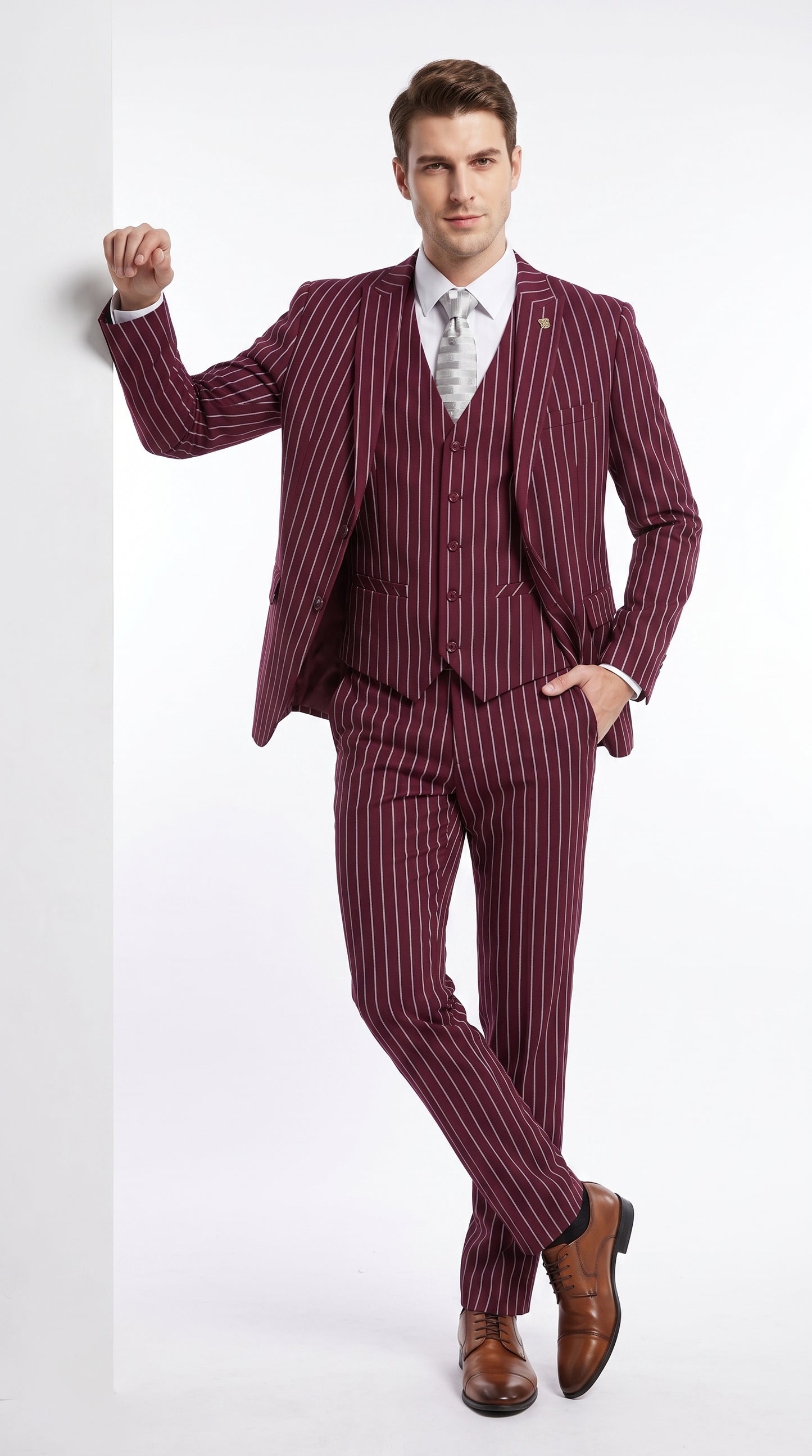 Men’s 3-Piece Gangster Pinstripe Suit – 2-Button Vintage Suit in Black, Grey or Burgundy