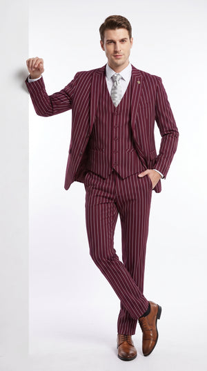 Men’s 3-Piece Gangster Pinstripe Suit – 2-Button Vintage Suit in Black, Grey or Burgundy