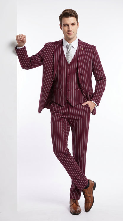 Men’s 3-Piece Gangster Pinstripe Suit – 2-Button Vintage Suit in Black, Grey or Burgundy