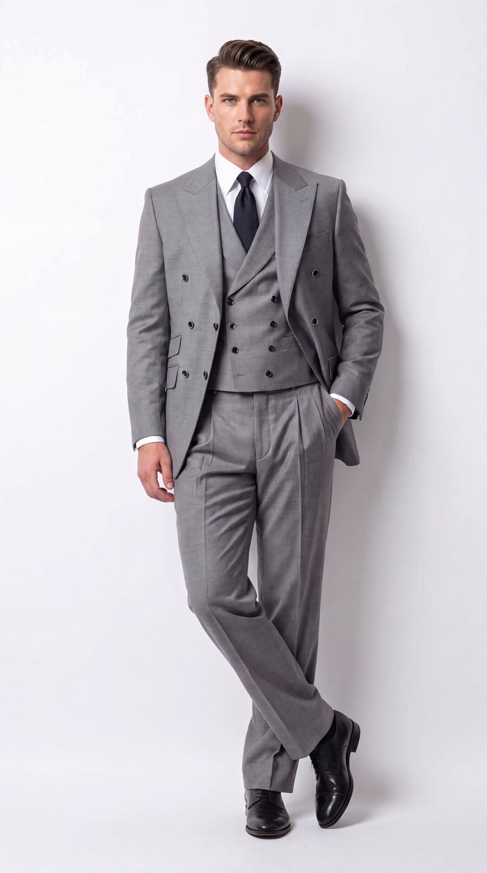 Tiglio Rosso Men’s Gray Super 150’s Italian Wool 3-Piece Suit – Double-Breasted Jacket, Vest and Wide-Leg Pants