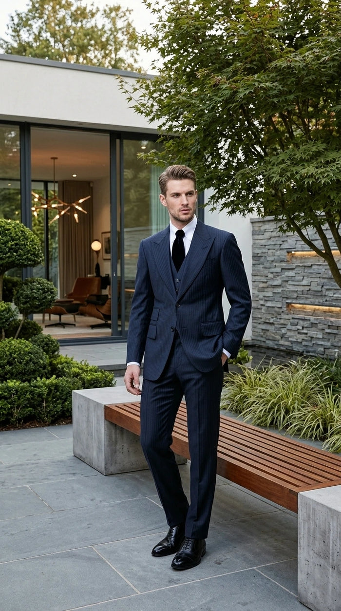 Men’s Navy Herringbone Textured 3 Piece Suit Set, Classic Formal Blazer, Waistcoat and Trouser Outfit