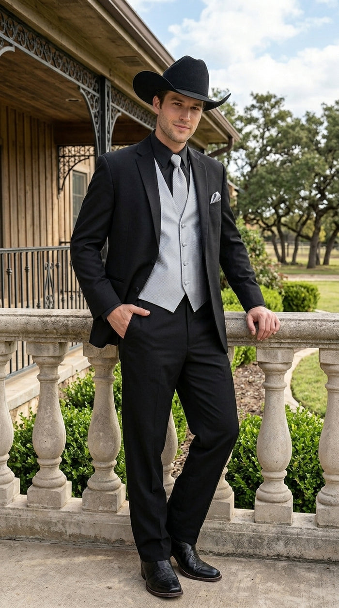 Men’s Black 2 Button Trim Cowboy Suit with Silver Waistcoat, Country Wedding Formal Suit Set