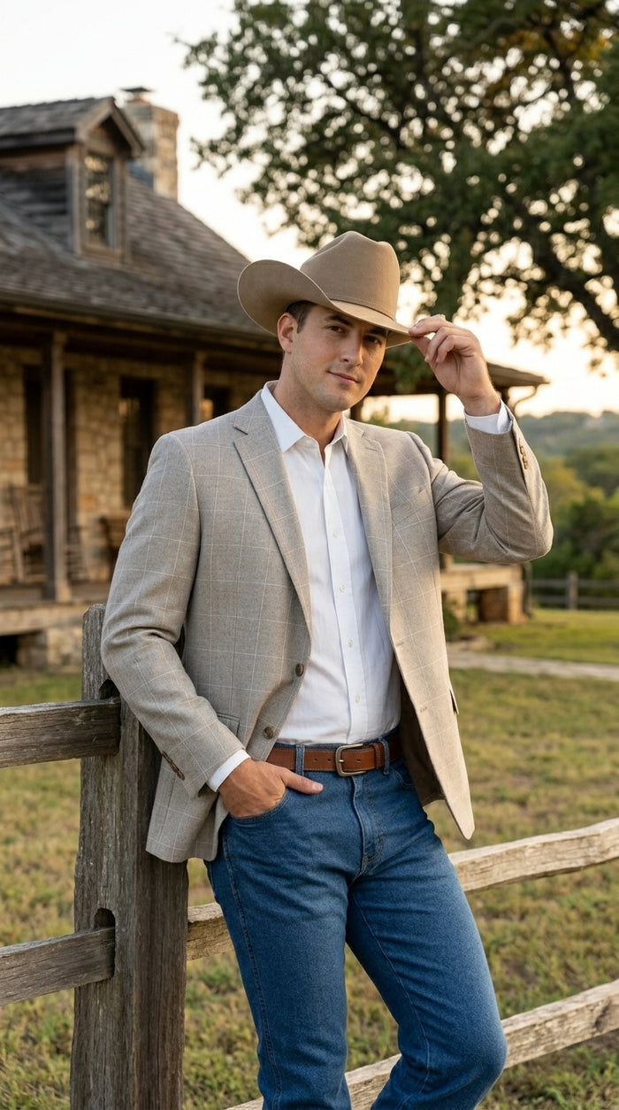 Men’s Light Tan Windowpane Plaid Western Blazer, Cowboy Sport Coat for Business Casual and Summer Events