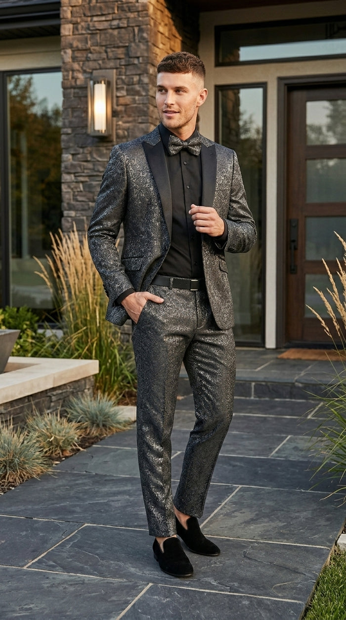 Men’s Black Patterned Tuxedo Suit, Wedding Prom Formal Dinner Suit with Satin Lapel