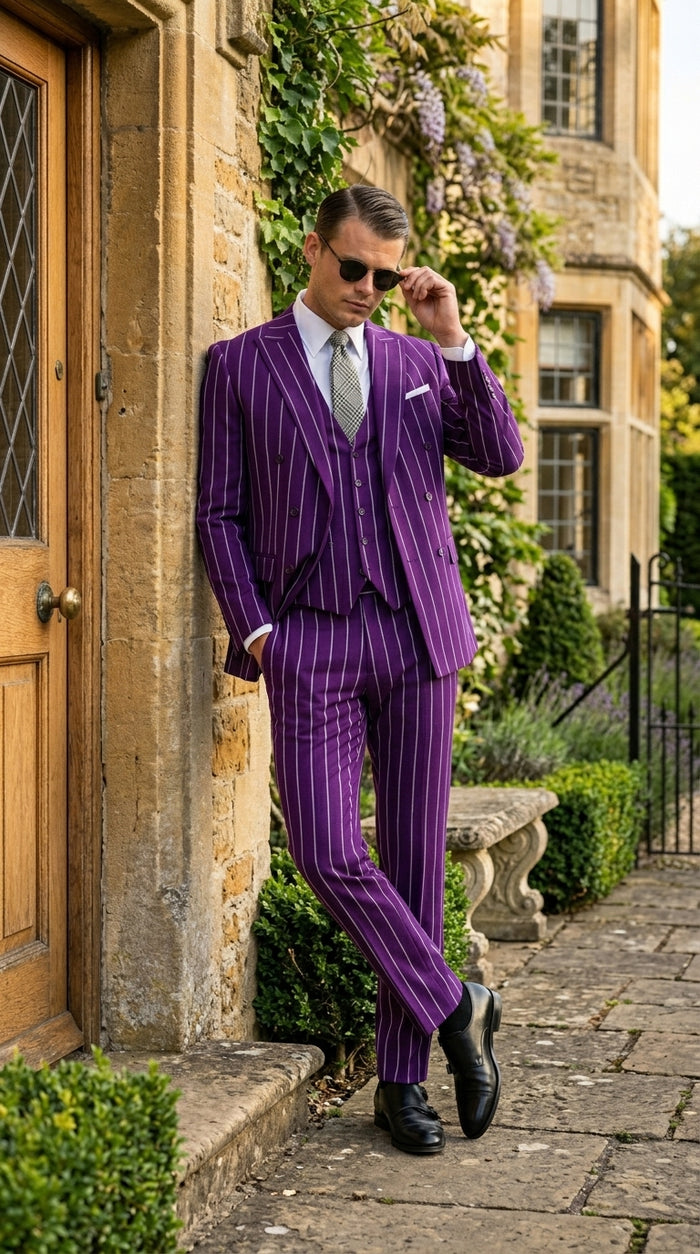 Men’s Purple Pinstripe 1920s Gangster Suit, Vintage Formal 3 Piece Wedding Prom Suit Set