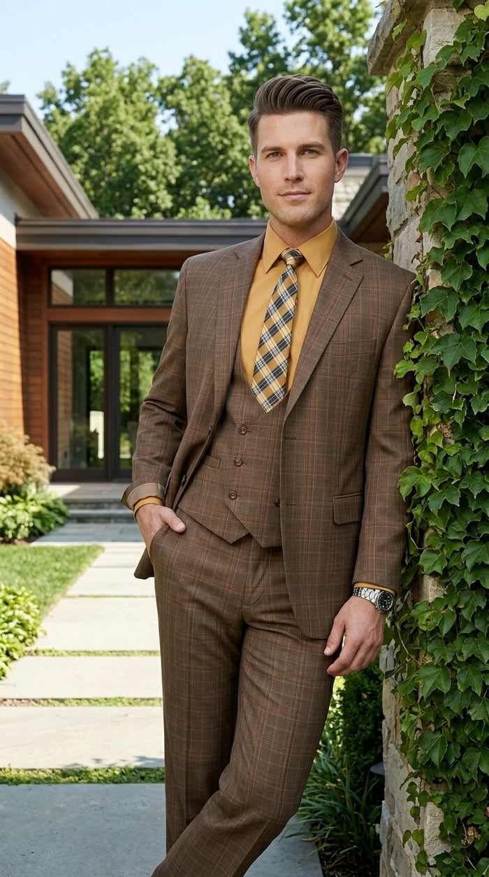 Men’s Brown Windowpane Plaid 3 Piece Suit, Two Button Peak Lapel Classic Formal Suit Set