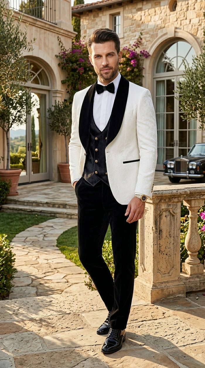 Men’s White Paisley 4 Piece Groom Wedding Suit with Black Velvet Shawl Collar and Matching Bowtie