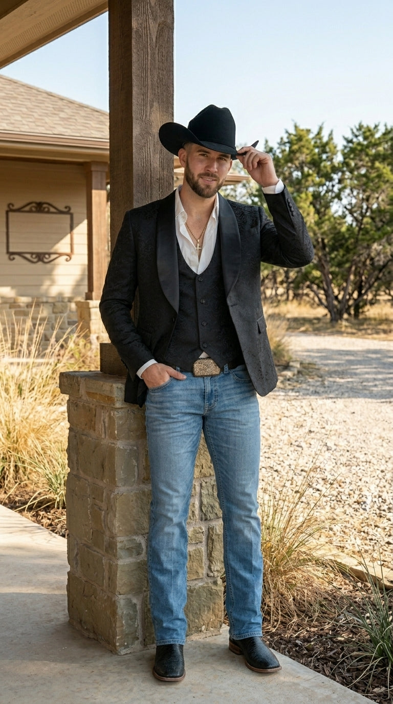 Men’s Black Paisley Jacquard Blazer with Satin Shawl Lapel, Western Formal Designer Jacket