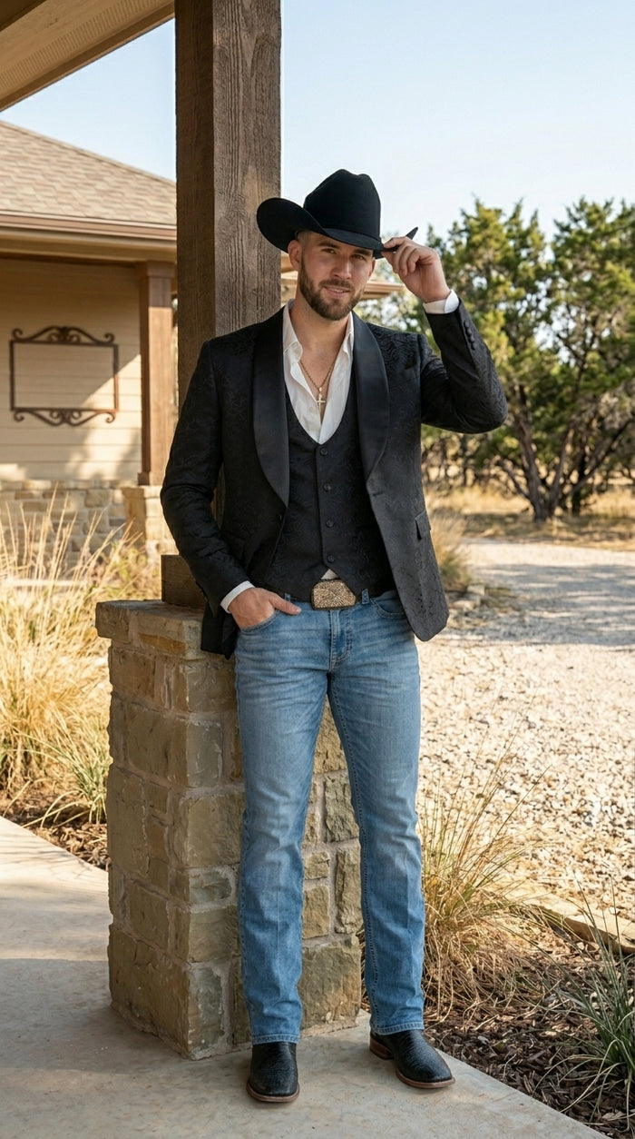Men’s Black Paisley Jacquard Blazer with Satin Shawl Lapel, Western Formal Designer Jacket