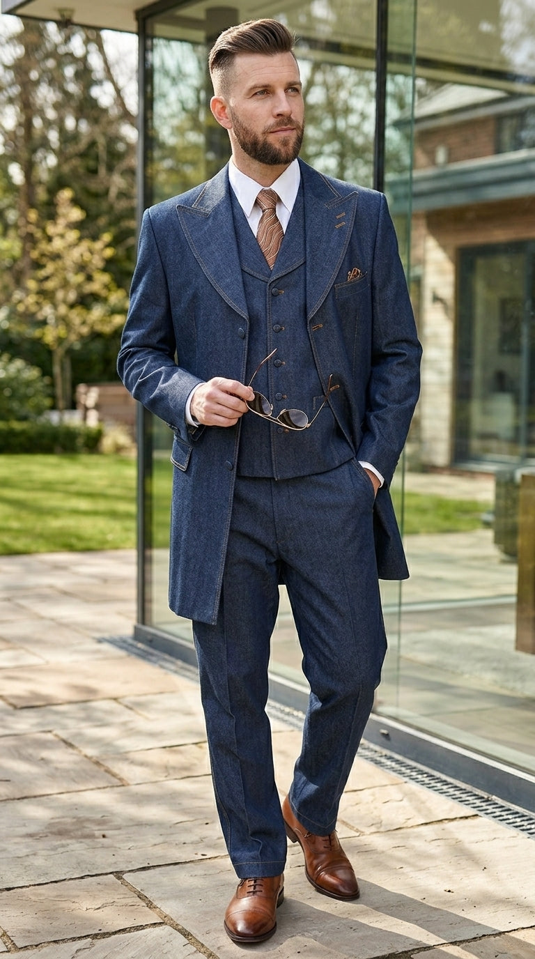 Men’s Blue Denim Zoot Suit, Long Vested Vintage Jeans Style Formal Suit Set