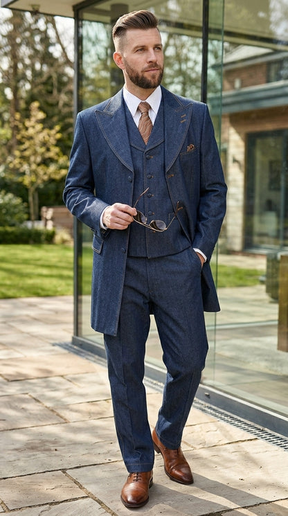 Men’s Blue Denim Zoot Suit, Long Vested Vintage Jeans Style Formal Suit Set