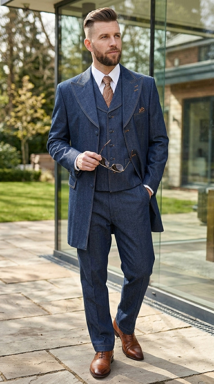 Men’s Blue Denim Zoot Suit, Long Vested Vintage Jeans Style Formal Suit Set