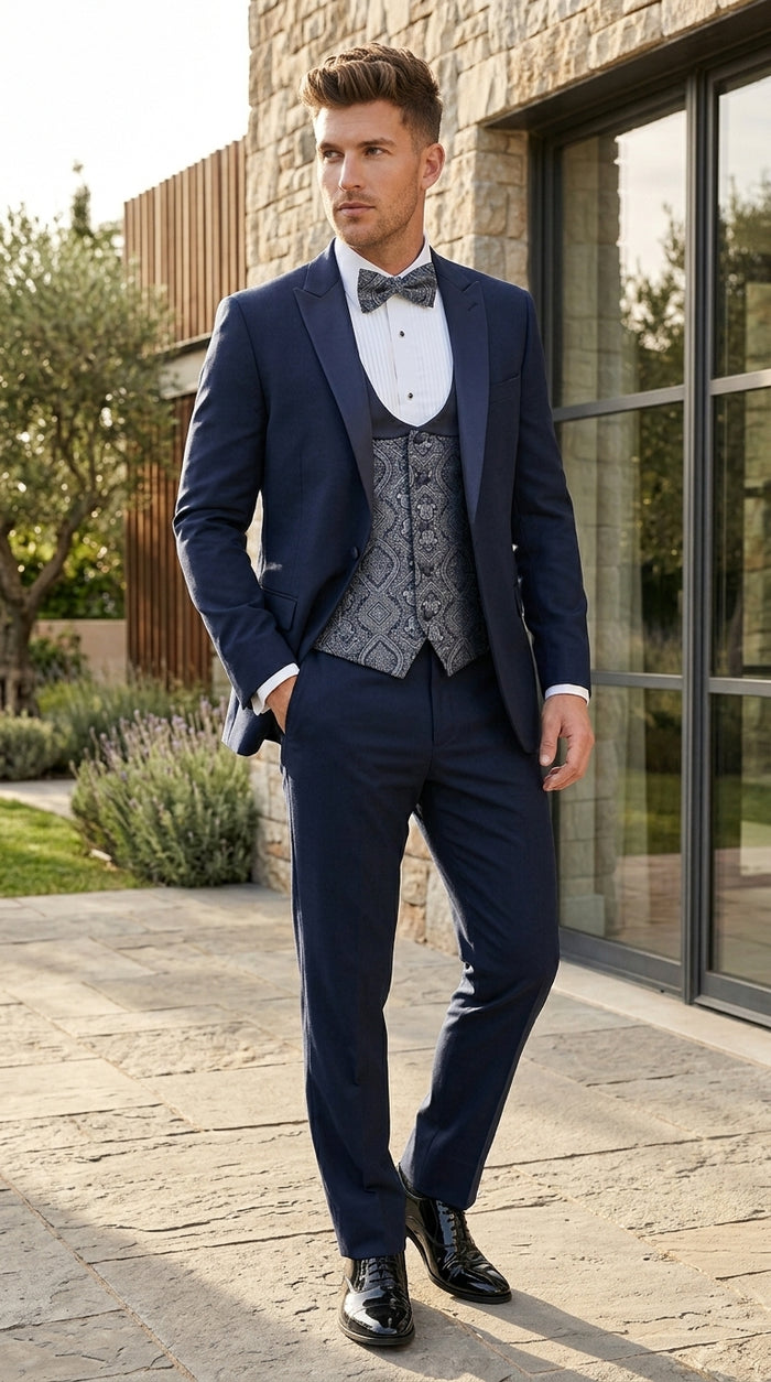 Men’s Indigo Blue One Button Shawl Tuxedo with Paisley Vest, Formal Wedding Prom Dinner Suit Set