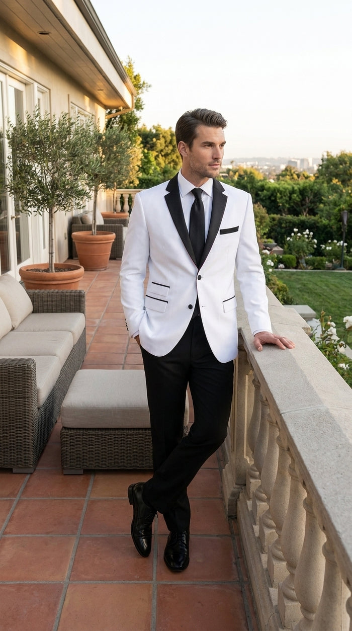 Boys White and Black Two Tone Tuxedo Suit, 2 Button Wedding Party Dinner Jacket with Black Pants