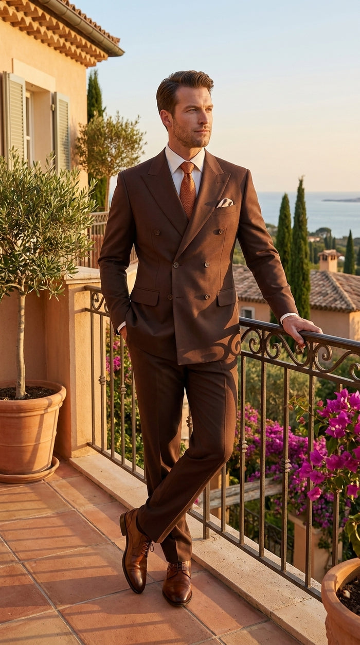 Men's Brown Double-Breasted Poplin Suit – Classic 6 Button Business, Wedding & Formal Suit for Men