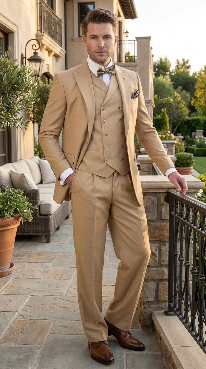 Men’s Camel 100% Wool 3-Piece Suit – One-Button Notch Lapel Suit with Double-Breasted Vest and Wide-Leg Pants