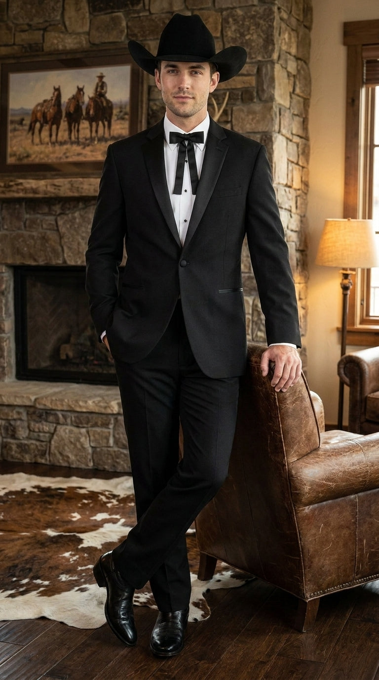 Men's Black Western Cowboy Wedding Tuxedo – One Button Formal Ranch Wedding Suit