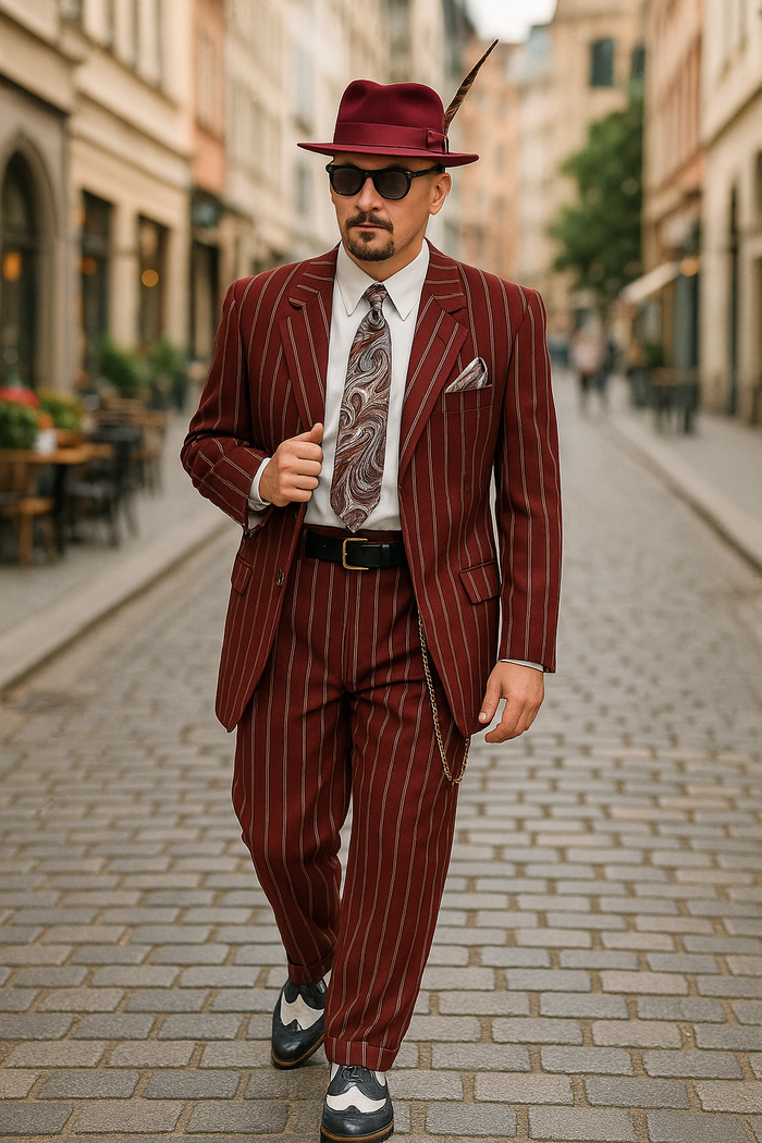Burgundy Pinstripe Zoot Suit  3 Piece 1920s/1930s Gangster Outfit (Jacket and Pants and Vest) Vintage Fashion
