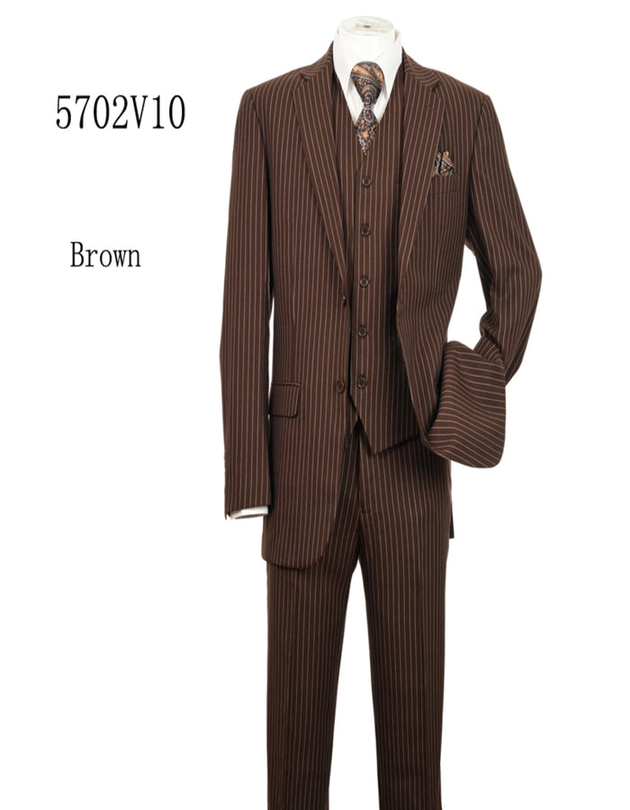 Men's Brown Pinstripe 3-Piece Suit with Matching Vest  Classic Fit Business and Formal Attire