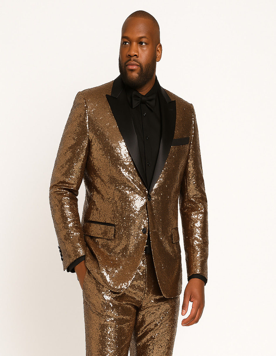Luxury Rose Gold Sequin Tuxedo Suit for Men – Black Satin Lapel, Perfect for Events & Parties