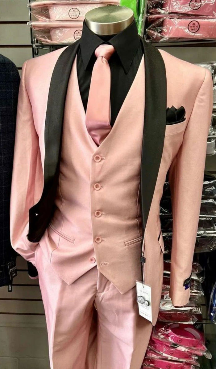 Men's Light Pink 3-Piece Tuxedo Suit with Black Satin Shawl Lapel - Formal Wear - Ultra Slim Fitted in Blush color