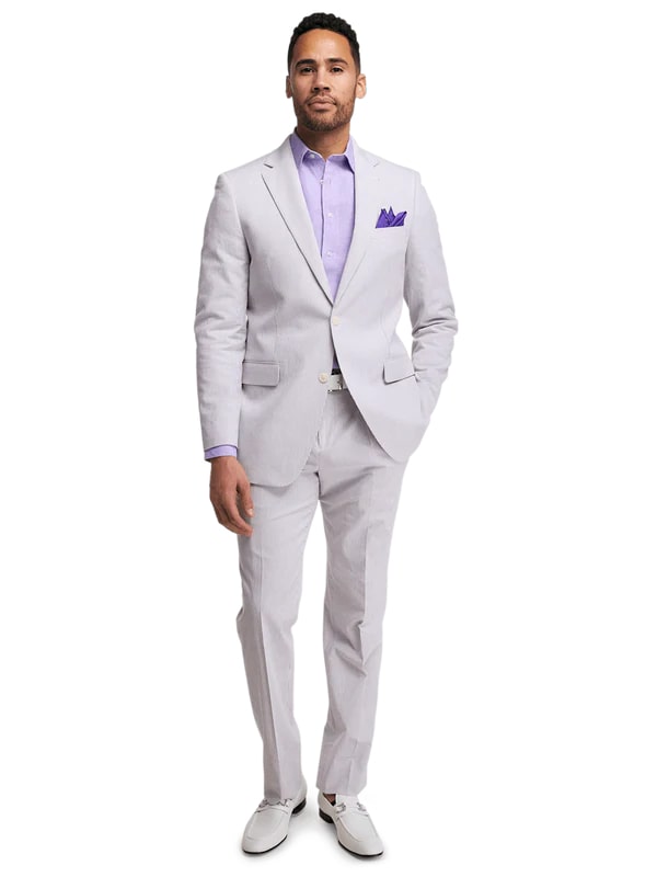 Mens Lavender Seersucker Suit Blazer  Pants Cotton Fabric - Summer Fabric in Purple color