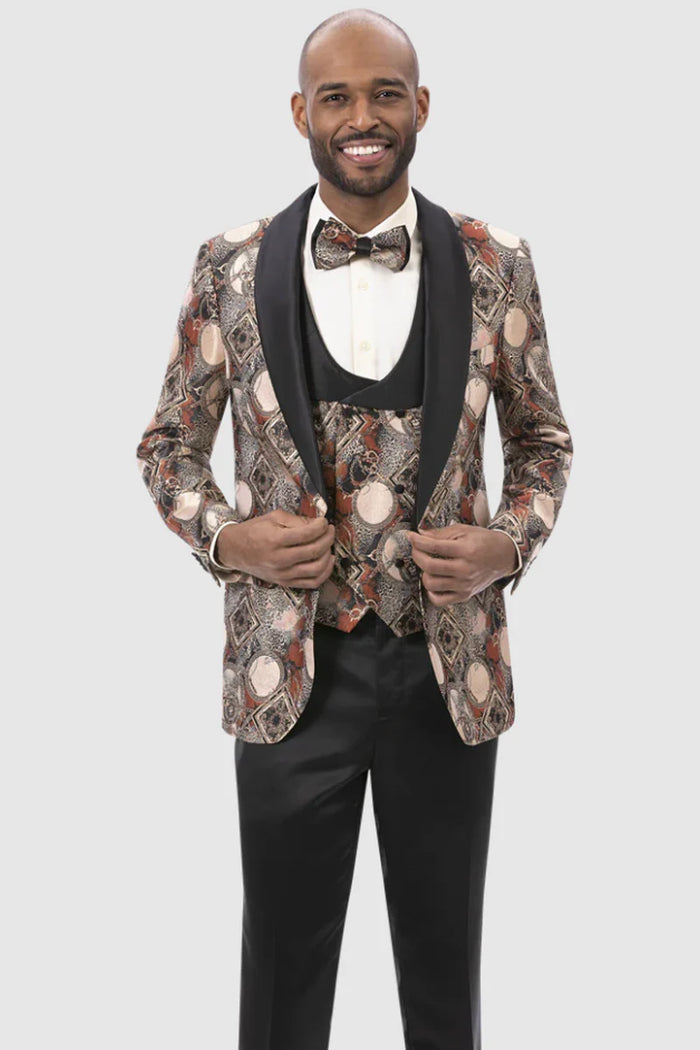 Men's Rust Geometric Pattern Tuxedo with Vest & Bowtie  One Button Formal Suit