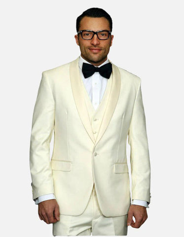 Statement Men's Off-White with White Lapel Vested 100% Wool Tuxedo