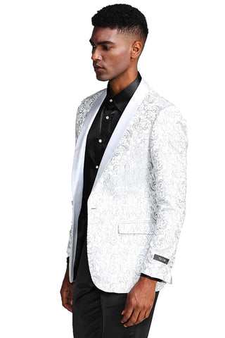 All White Mens Tuxedo -  Wedding Suit - Men's Slim Fit Wedding & Prom Tonal Paisley Tuxedo Jacket In White - Men's Tuxedo USA