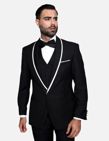 Statement Men's Black with White Lapel Vested 100% Wool Tuxedo