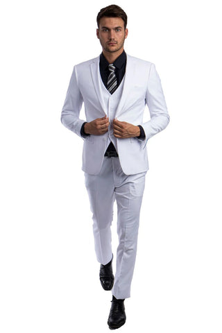 Men's Two Button Slim Fit Vested Solid Basic Color Suit in White