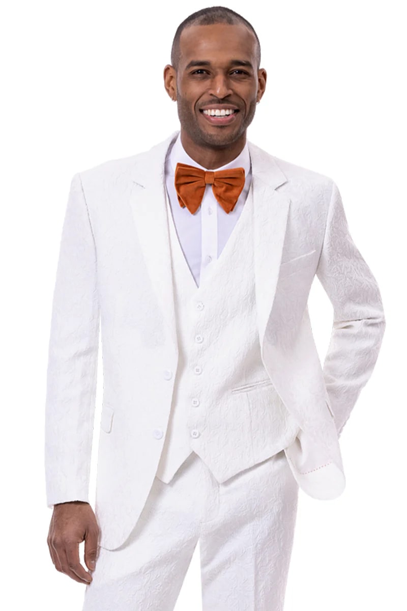 Mens Two Button Vested Paisley Fashion Suit in White - Men's Tuxedo USA