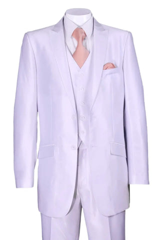 Mens 2 Button Vested Slim Fit Shiny Sharkskin Suit in White - Men's Tuxedo USA