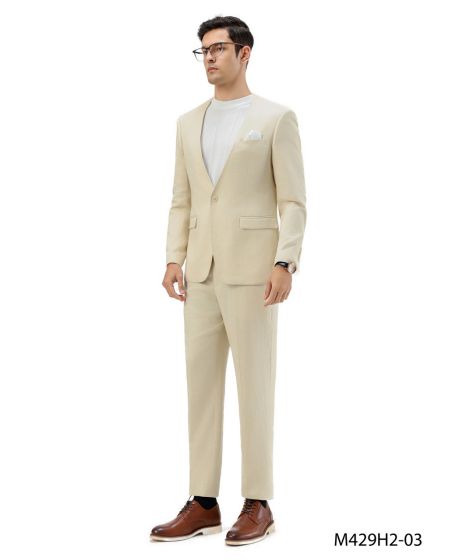 Tan Linen Suit For Summer - Collarless Blazer and Pants Collarless Lapel - No Lapel Casual!