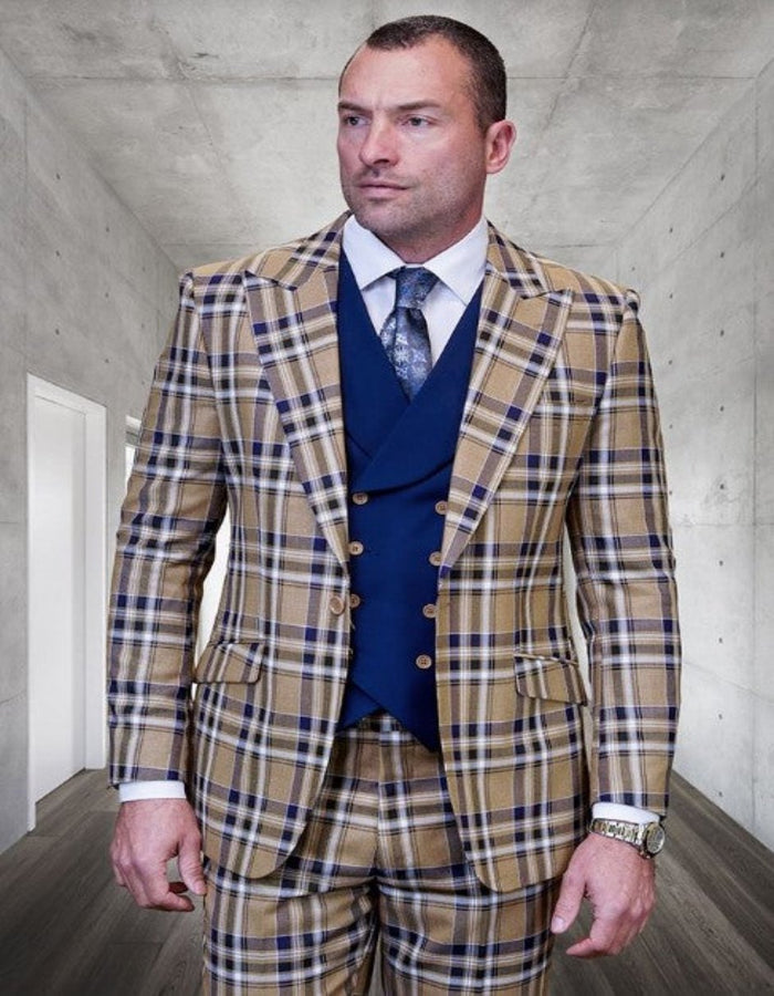 Tan Plaid Suit - Camel Khaki Color Windowpane Pattern Suit - Wool Suit - Peak Lapel Side Vented Modern Fit - Men's Tuxedo USA