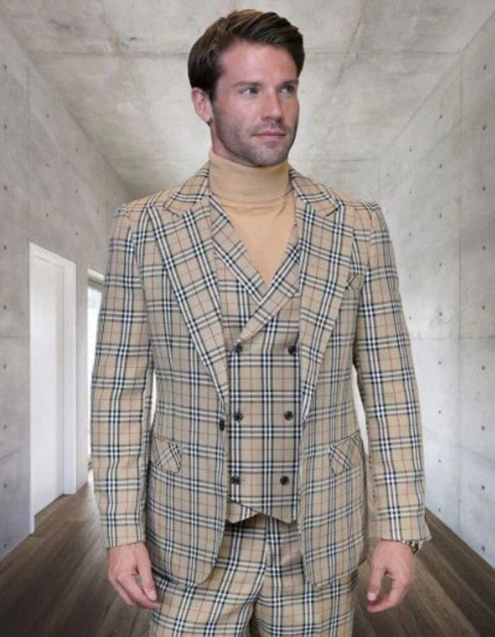 Mens Great Gatsby Costumes Tan Plaid Suit - in Color  Camel Khaki Tan Beige Color - Summer Events