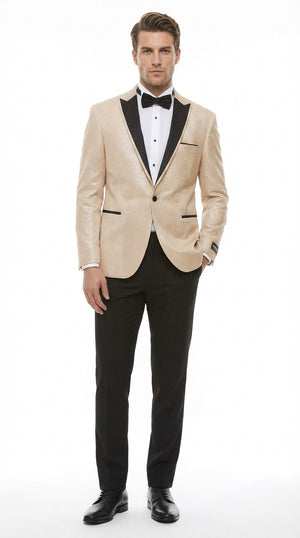Men’s Tan Tuxedo Blazer with Black Lapel – Formal Dinner Jacket Suit + Pants for Wedding, Prom champaign beige color