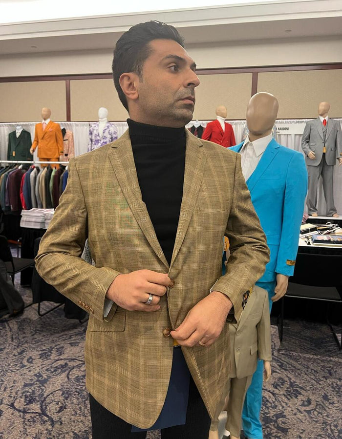 Men's Light Brown Plaid Sport Coat  Classic Check Blazer for Business and Casual Wear in Tan Windowpane Taupe Color