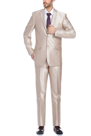 Mens Basic Two Button Slim Fit Suit with Optional Vest in Shiny Champagne Tan Sharkskin