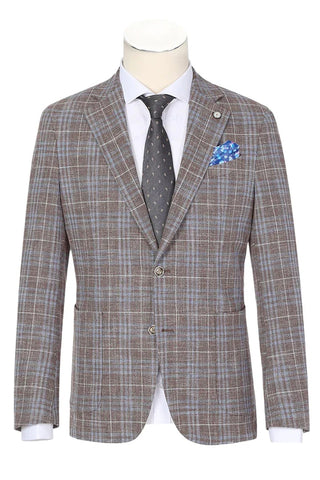 Saco vaquero - Western Sport Coat - Western Blazer - Mens Slim Fit Two Button Patch Pocket Cotton Blazer In Tan & Burgundy Windowpane Plaid