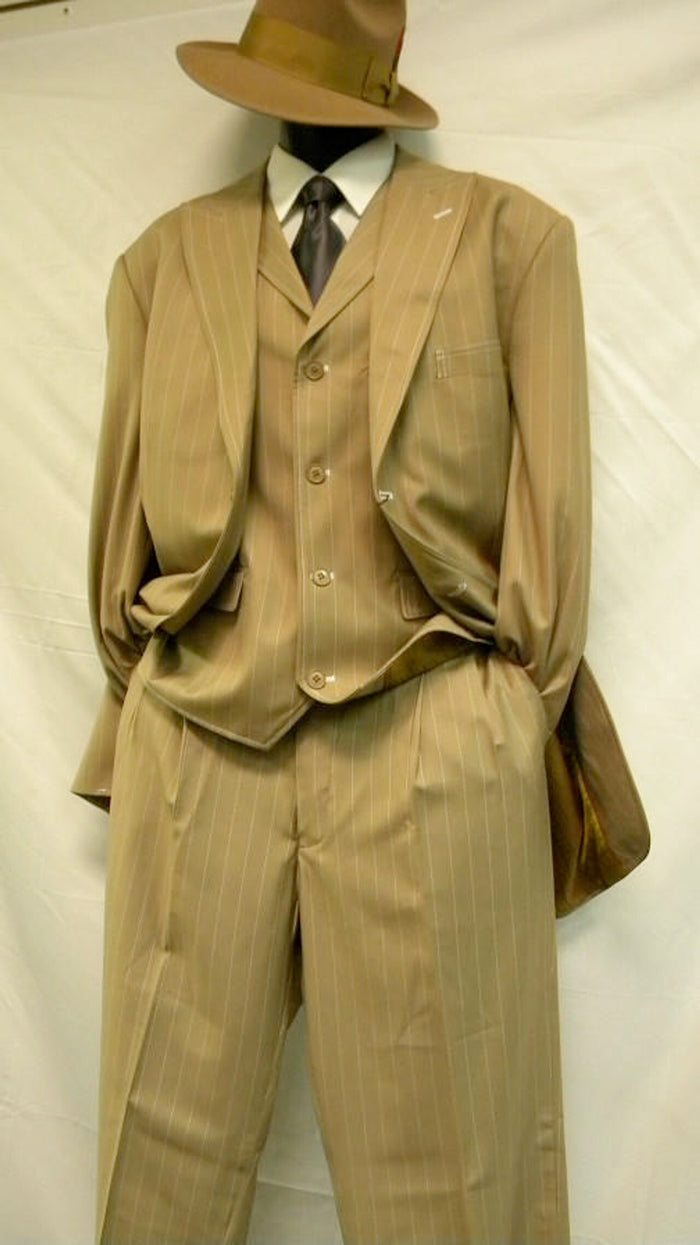 Mens Brown Pinstripe Zoot Suit – 1920s Gangster Vintage 3-Piece Suit with Wide-Leg Pants and Fedora Look - Three Buttons ((5903v)