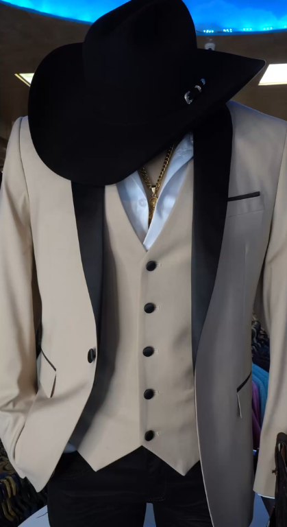 Men's Tan Three-Piece Suit with Black Collar