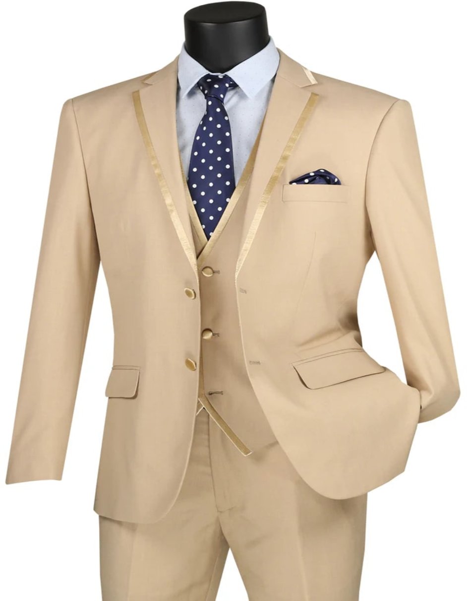 Mens Eggplant Tuxedo - Mens Vested Wedding Trim Tan Tuxedo