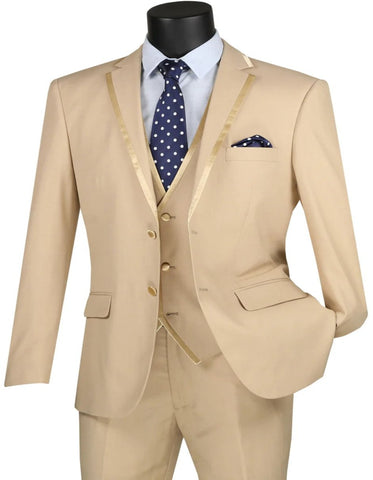 Mens Khaki Color Tuxedo - Mens Vested Wedding Tan Trim Tuxedo