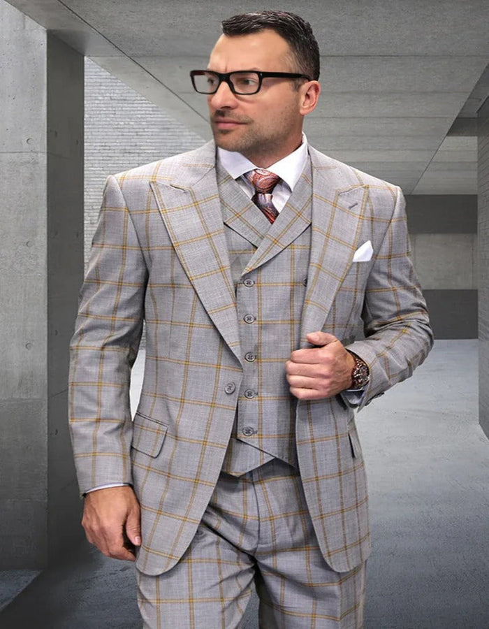 Mens Italian Wool Suit Color Tan - Men's Designer One Button Peak Lapel Vested Wool Tan and Gold Windowpane Plaid Suit