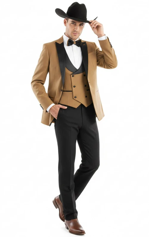 Mens Tan and Black Western Cowboy 3-Piece Tuxedo with Satin Lapel & Mocca Coffee Vest