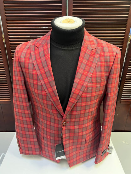 Modern Red Plaid Blazer  Tartan Windowpane Pattern Christmas Party Color