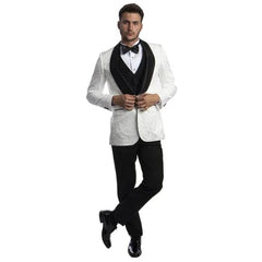 White Paisley Tuxedo Suit w/ Black Satin Shawl Collar by Tazio - Men's Tuxedo USA