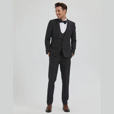 New Tazio Birdseye Textured Black Tuxedo | Shawl Collar Satin Trim 3-Piece - Men's Tuxedo USA