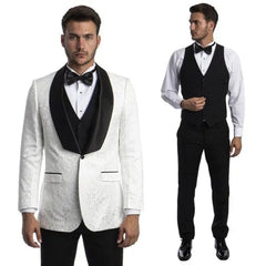 White Paisley Tuxedo Suit w/ Black Satin Shawl Collar by Tazio - Men's Tuxedo USA